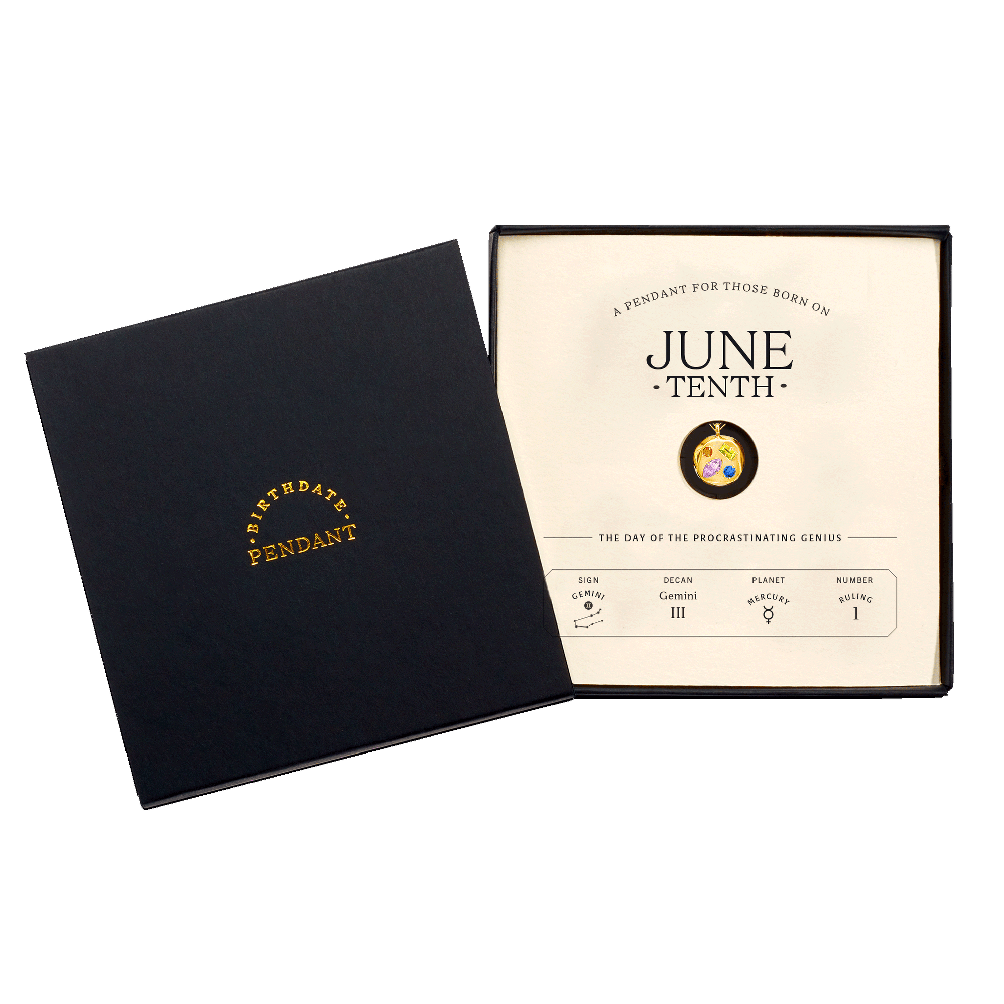 The June Tenth Pendant inside its box