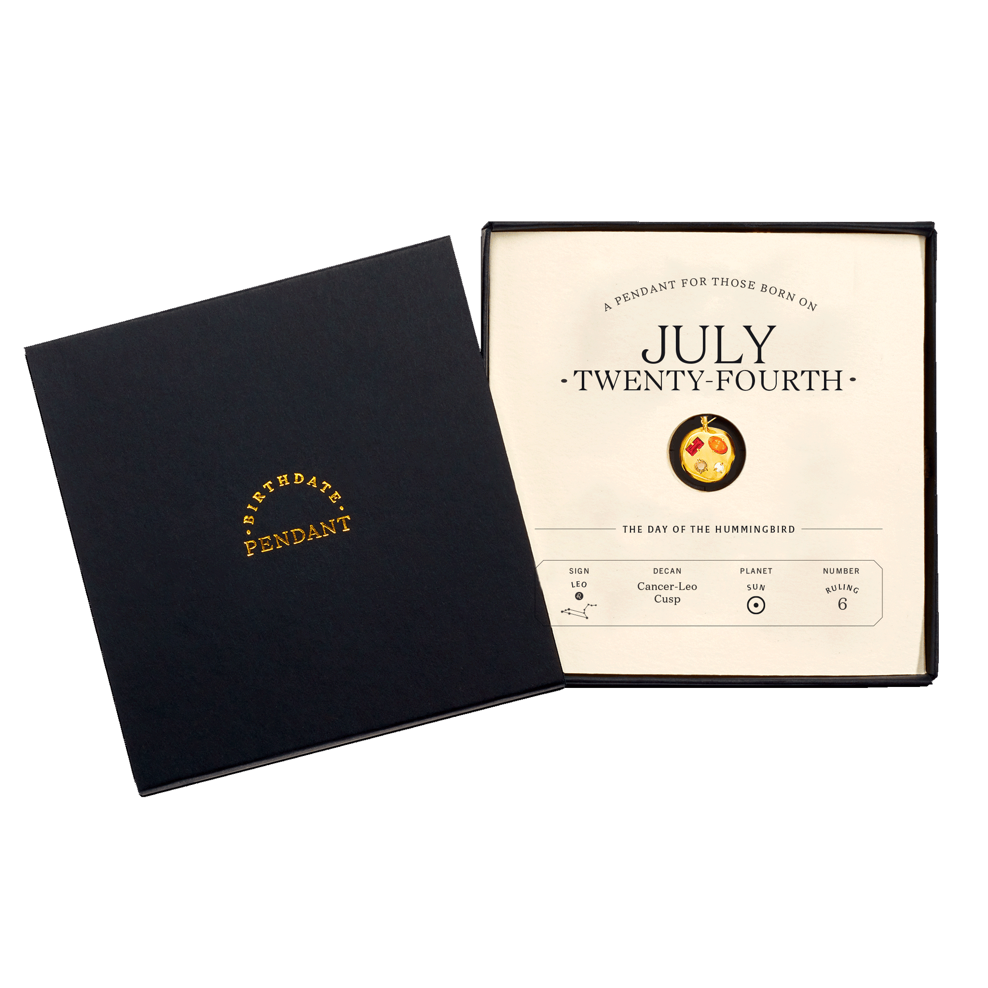 The July Twenty-Fourth Pendant inside its box