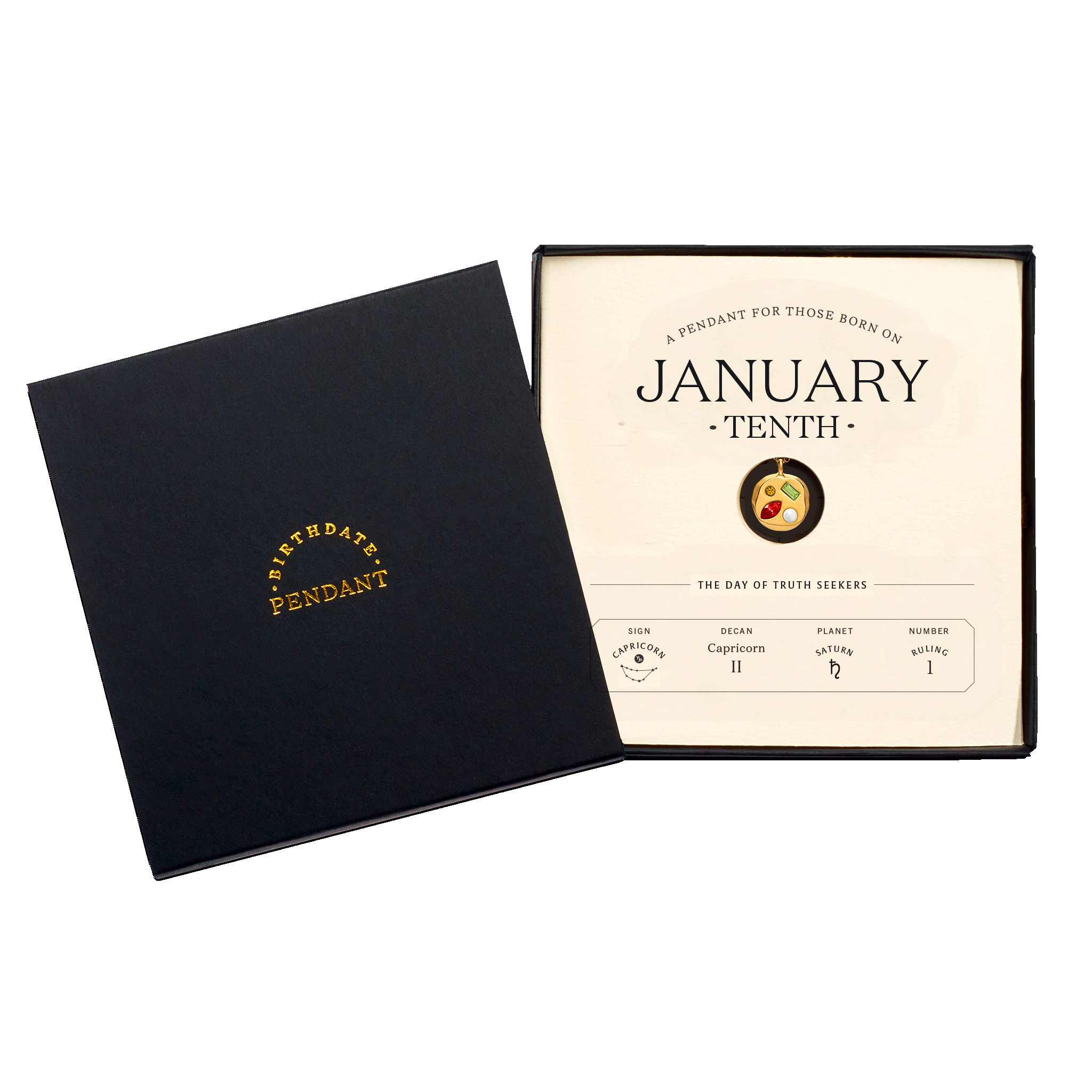 The January Tenth Pendant inside its box
