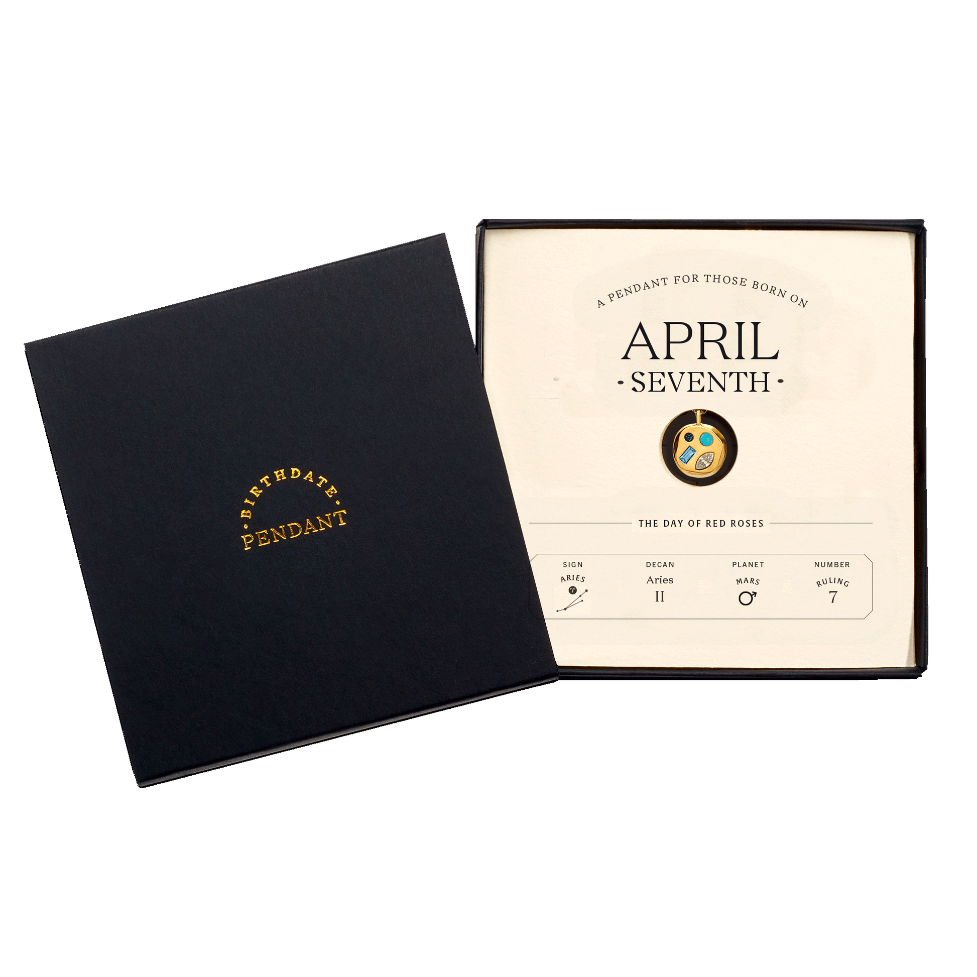 The April Seventh Pendant inside its box